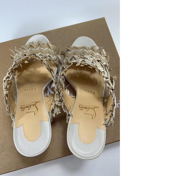 Meroine 85mm raffia Tan Woven fringe heels mules D980 - Picture 6 of 11